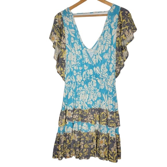 Daily Practice Anthropologie XS Blue /‎ Gray Floral Tiered Ruffle Mini Dress - Picture 2 of 5